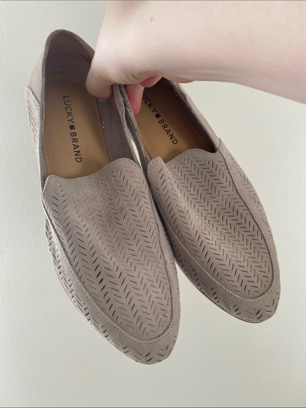 Lucky Brand Taupe Laser‑Cut Suede Slip-On Flats